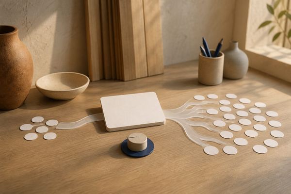 Bluesky control de viralidad y alcance en una creator studio desk con tarjeta en blanco, dial físico y dos rutas de distribución