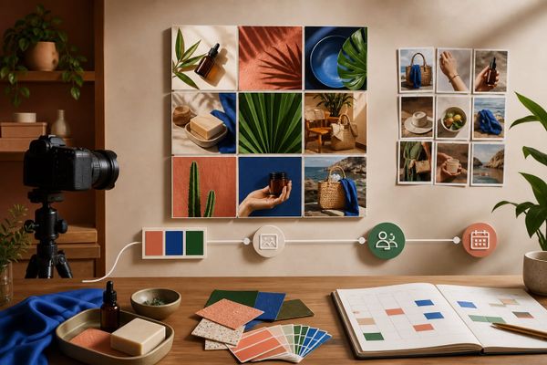 canva redes sociales sistema instagram creator phone desk with Reels planning calendar and metrics dashboard
