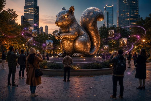 Canva Squirrelites campaign scene with a tiled squirrel sculpture, an anonymous creator community and glowing trails in a city park
