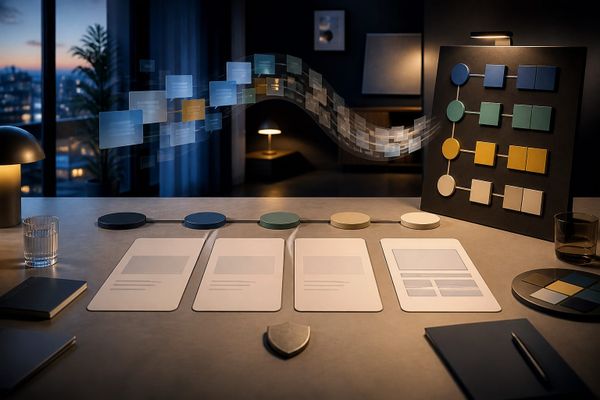 Tavolo media plan senza marchi con flusso conversazionale astratto, schede campagna e indicatori per un test ChatGPT Ads in Europa