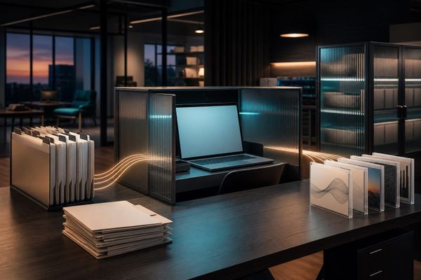 Unbranded agency operations desk with blank workstation, modular folders, file vault and abstract workflow lights