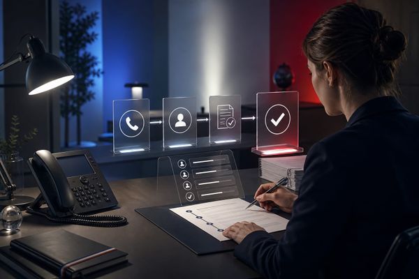 Poste de travail marketing avec téléphone, registre de consentement, horodatage et feux de contrôle pour une campagne conforme en France