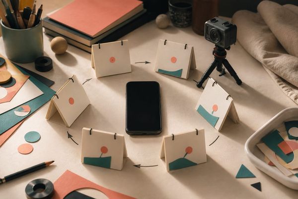 Unbranded stop-motion creator desk with six paper frames circling a dark phone and a small camera