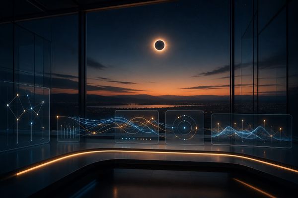 Studio editoriale notturno senza marchi con schermi astratti, cielo eclissato e flussi luminosi per una diretta verificata