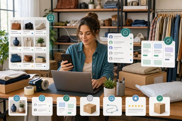 Facebook Marketplace reseller desk with product cards, inbox queue, inventory board, pricing review, and seven-day workflow calendar
