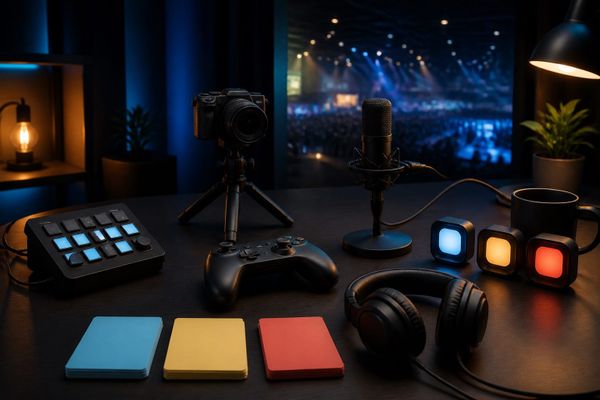 gamescom 2026 için kameralı, mikrofonlu ve renk kodlu kartlı markasız yayın hazırlık masası