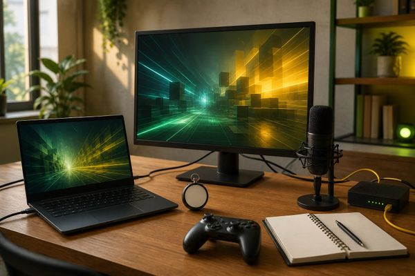 Mesa de creator com laptop, monitor, controle, microfone, roteador e cronômetro para testar cloud gaming no Linux