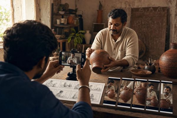 Indian district creator filming a ninety-second local story with a storyboard, vertical-video frames, interview subject, evidence notes and publishing cuts
