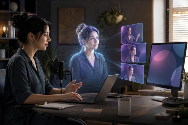 Google Vids Gemini Omni avatars visualized as a synthetic double beside an adult creator reviewing an AI video at a laptop