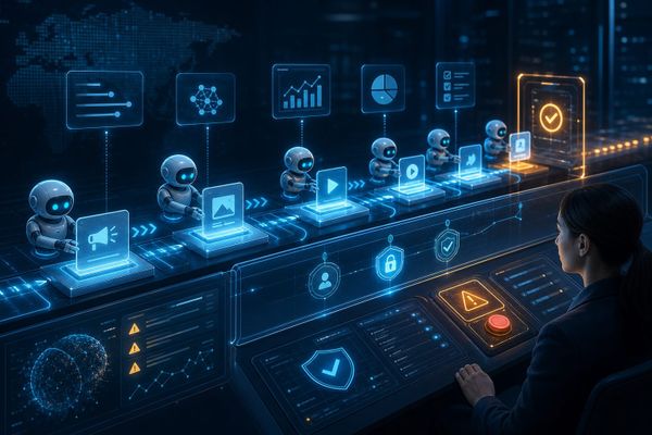 AI marketers operator dashboard for agent risk, social account audit, team checklist and workflow workspace