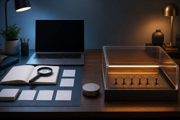 Unbranded Kit MCP 2026 permission-audit desk with a blue analysis lane and protected amber action switches