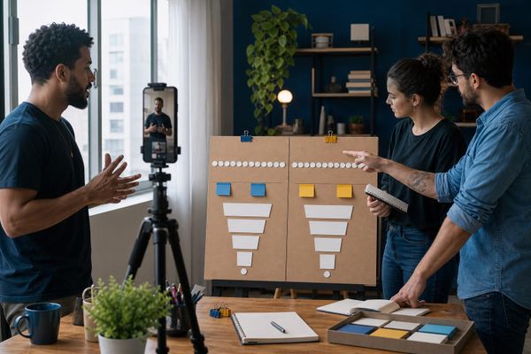 Creator grava vídeo B2B para LinkedIn em estúdio com câmera, quadro de experimento de 14 dias e dashboard de conversão