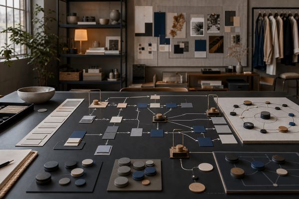 Unbranded agency campaign table with branching workflow cards and physical human approval checkpoints