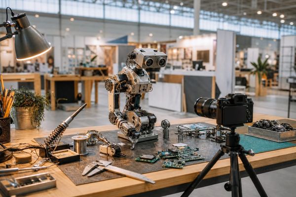 Maker Faire Hannover 2026: Roboter-Prototyp, Platinen und Creator-Kamera auf einer hellen Werkbank