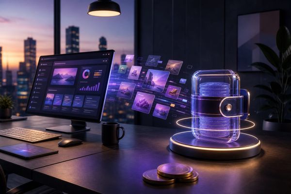 Schermo con pannello Meta Ads e icone di stablecoin