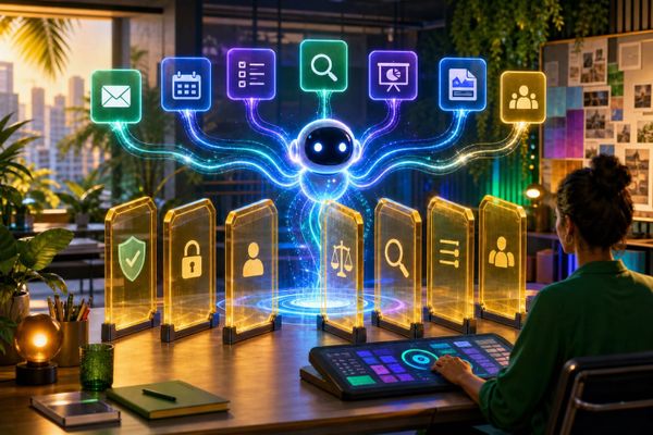 Dashboard de automação de marketing com Meta AI no Brasil, sete travas, calendário, cards de conteúdo e painel de aprovação humana