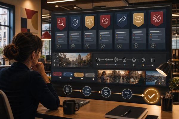 Dashboard de Meta para campañas en España con checklist de 7 riesgos, código de IA, etiquetas de transparencia y board de aprobación