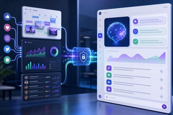metricool operator AI search briefing workspace with query map, ads dashboard, and source checklist