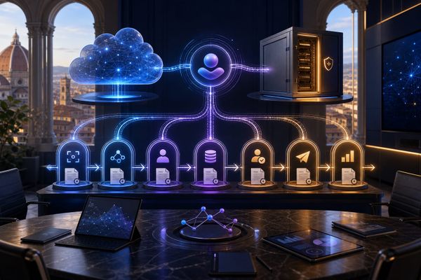 Dashboard Copilot e Mistral 2026 con checklist in 7 gate per agenti AI di marketing, server cloud-local, workflow board e document cards