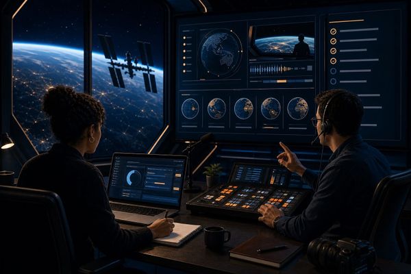 NASA Crew-13 livestream real-time content checklist with anonymous editors, mission-control screens, Earth glow, and a space station silhouette