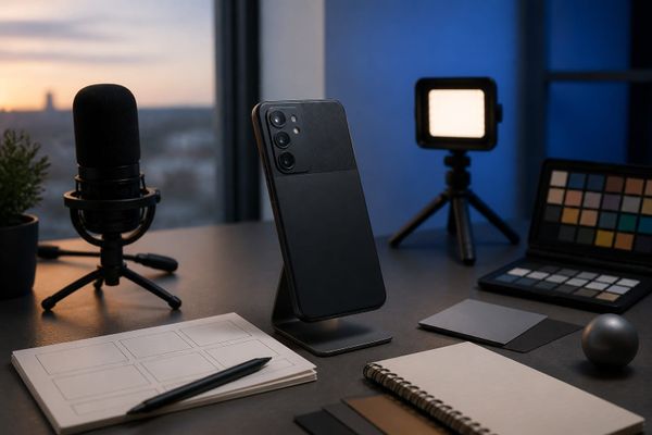Ungebrandetes Smartphone in einem ruhigen Creator-Studio mit Mikrofon, LED-Licht und leeren Storyboard-Karten