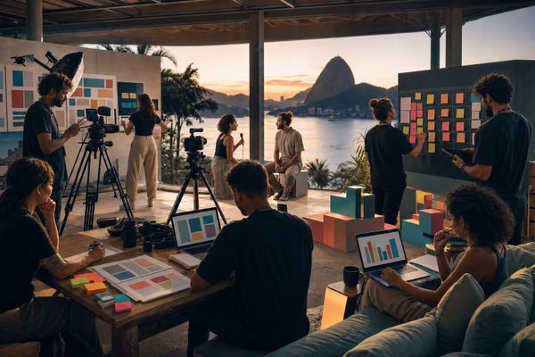 Equipe de creators no Rio coordenando câmeras e um workflow visual para a Rio Innovation Week 2026 e a Creator Economy