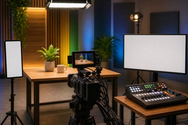 Estúdio sem marcas com câmera, tela vertical, monitor amplo e mesa de corte para o checklist SET Expo YouTube e TV 3.0
