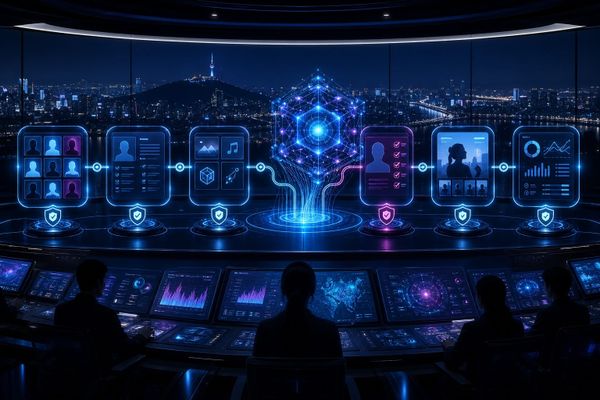 A.X K1 influencer 6-stage control workflow dashboard와 크리에이터 카드, 권리 승인 checklist가 놓인 studio desk