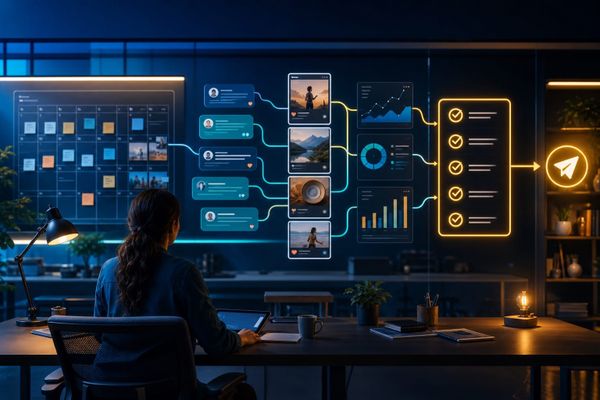 instagram destekli icerik onay operator AI search briefing workspace with query map, ads dashboard, and source checklist