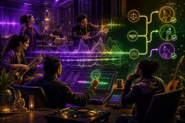 Spotify operator AI search briefing workspace with query map, ads dashboard, and source checklist