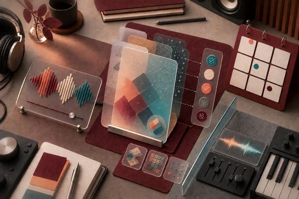 Mesa de gestión musical con workflow de identidad artística, señales de transparencia, revisión humana y calendario para Spotify AI Persona