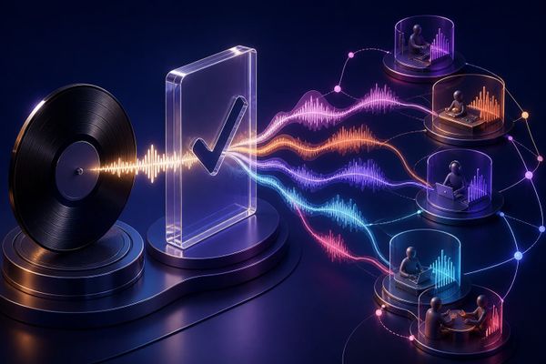 Escena editorial sin texto sobre Spotify AI y Merlin: un disco, waveform de audio para remixes y una puerta de permisos conectada a creadores