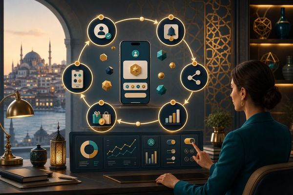 Turkcell Yıldız sadakat döngüsü için mobile app dashboard, yıldız bakiyesi, hediye kataloğu ve altı adımlı workflow chart