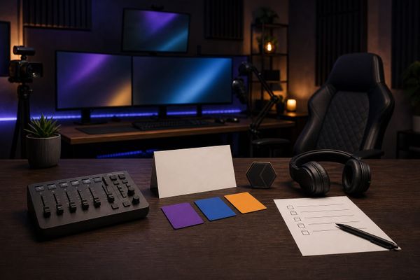 Ungebrandetes Streaming-Studio mit leerem Kampagnenbrief, Clip-Karten, Kopfhörern und Sponsoring-Checkliste für Twitch-Affiliates