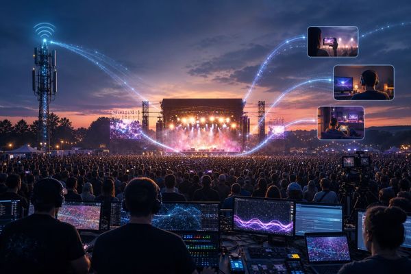 Wacken Livestream 2026 mit anonymem Festivalpublikum, Creator-Regie, textlosen Screens und leuchtenden Datenverbindungen bei Abendlicht