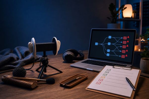 YouTube ASMR creator workspace with external-link policy checklist and channel risk dashboard