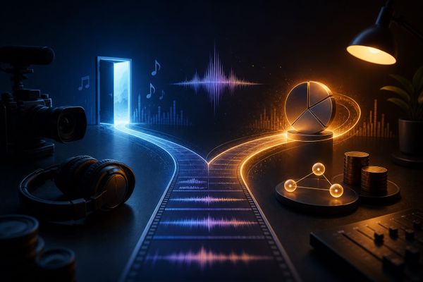 Generic creator studio with camera, headphones, audio waveforms and two illuminated paths representing free music and revenue sharing