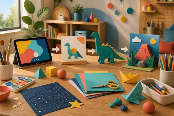 A text-free creative learning table showing a tablet, paper dinosaur, star map, art materials, and a view-to-do activity sequence