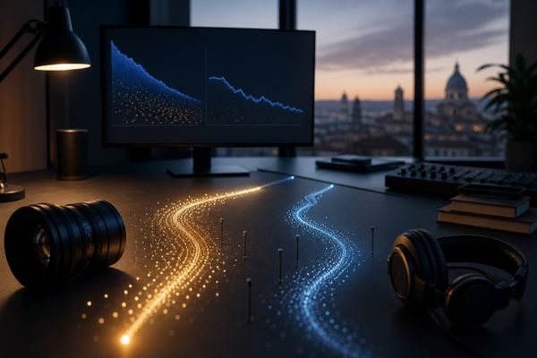 Studio analytics YouTube 2026 con lente, cuffie e due flussi luminosi per visualizzazioni iniziali e attenzione di creator e brand