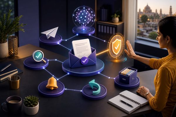 Indian marketing operations desk with AI agent prompt, signature envelope, approval lane, reminder clock, recall control, and audit trail