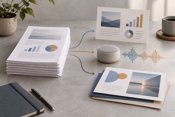 Acrobat AI 2026 accuracy test: paper source documents branch into a visual report, audio waveform and presentation cards.