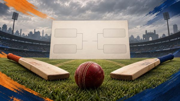 Cricket ball and bats on a green pitch beside a blank quarter-final board illustrating India v Afghanistan at the Asian Games.
