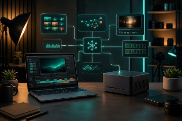 ASUS ProArt RTX Spark laptop ve mini PC bulunan YouTube studio, yerel AI workflow ekranı ve medya kareleri