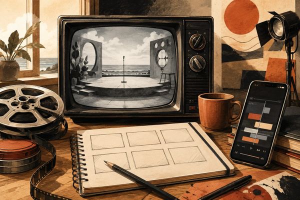 Benigni e Verdone su RaiPlay: televisore con palco vuoto, bobine, taccuino e smartphone in un’illustrazione originale sulla satira