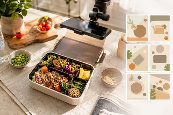Bento box per un video YouTube: contenitore aperto con cibo colorato e smartphone senza marchio su supporto da ripresa
