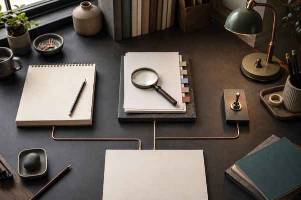 Buzzably AI 2026 workflow audit shown as a blank editorial desk connected through research and human approval stations
