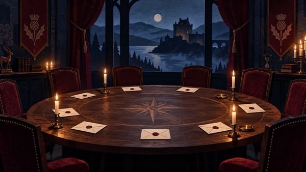 An illustrated round table with sealed envelopes, empty chairs and a distant castle for the Celebrity Traitors 2026 preview.