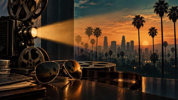 Projector, sunglasses and a film reel against an illustrated Hollywood skyline for the Cliff Booth trailer release-date guide.