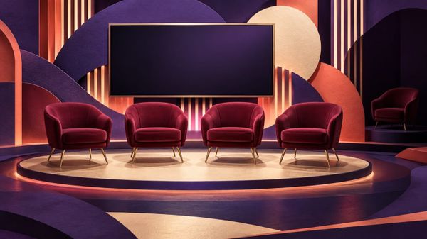 Quattro poltrone vuote davanti a uno schermo, con una quinta in ombra, illustrazione per il recap GF VIP del 28 settembre.