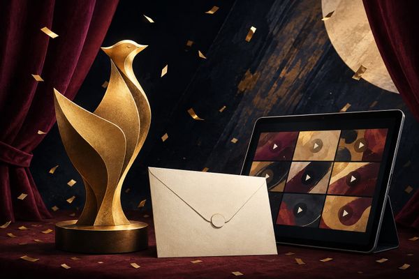 Goldene Henne 2026: Illustration zu Gewinnern und offiziellen Clips mit goldener Vogelskulptur, Umschlag und Tablet mit Video-Kacheln.